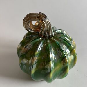 Steve Lundberg Glass Art Studio Green Pumpkin 4" Signed 2001 Sticker As is